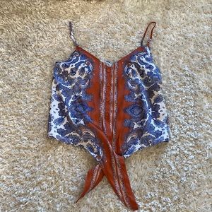 Silky button up tank with front ties, paisley patterned